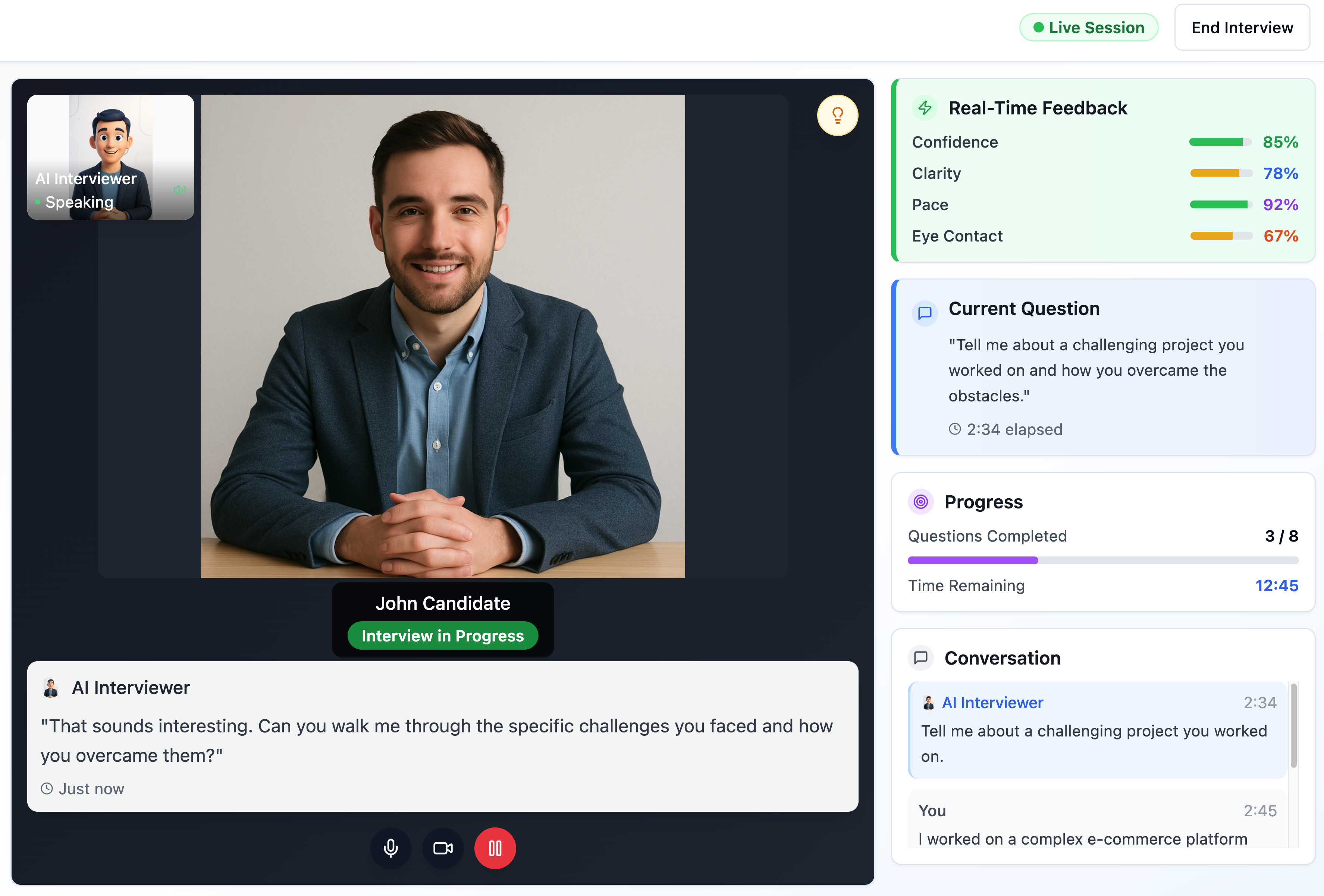 Mock interview practice interface showing AI interviewer and candidate interaction